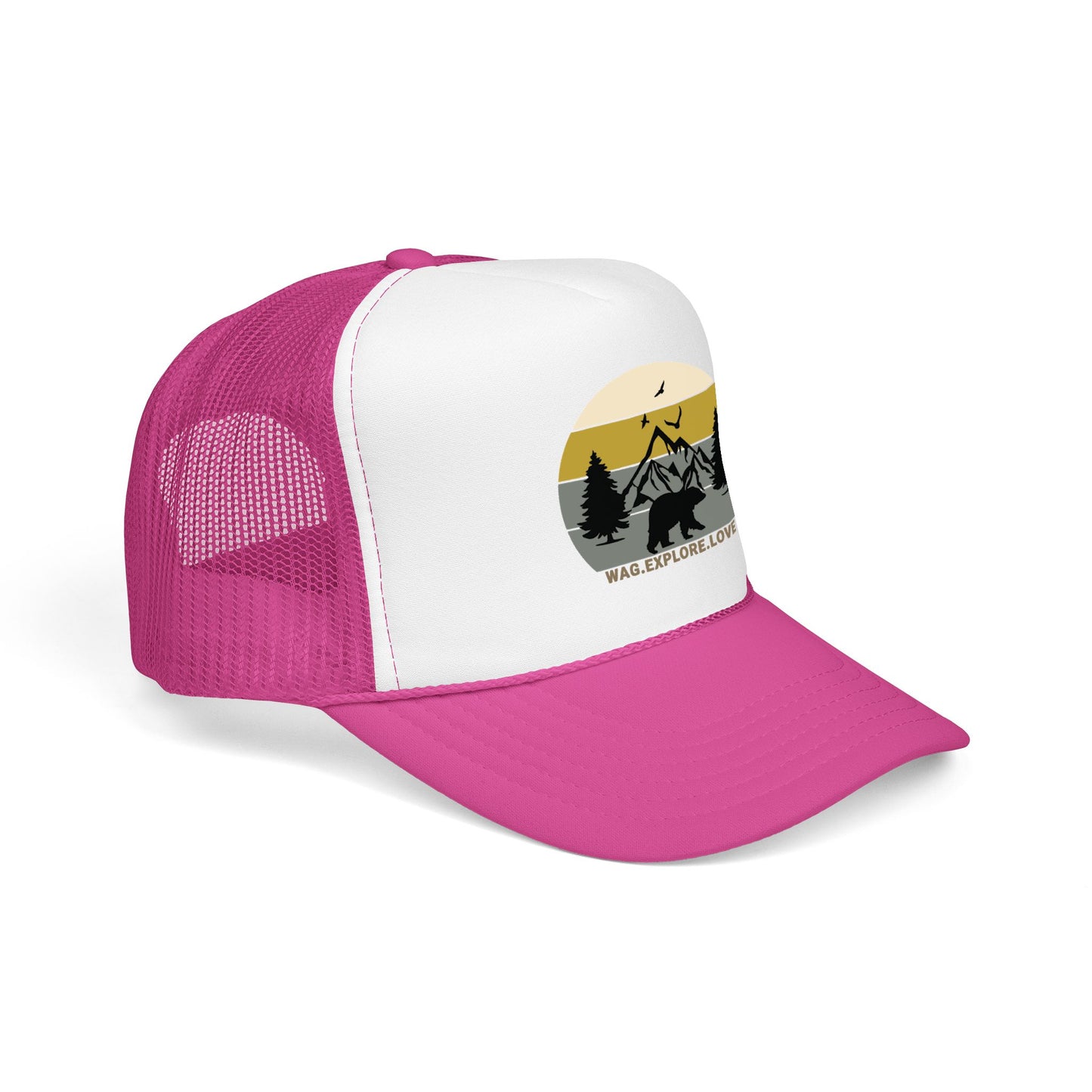 Adventure Trucker Hat – 'Wag. Explore. Love.' Vintage Mountain Dog Design