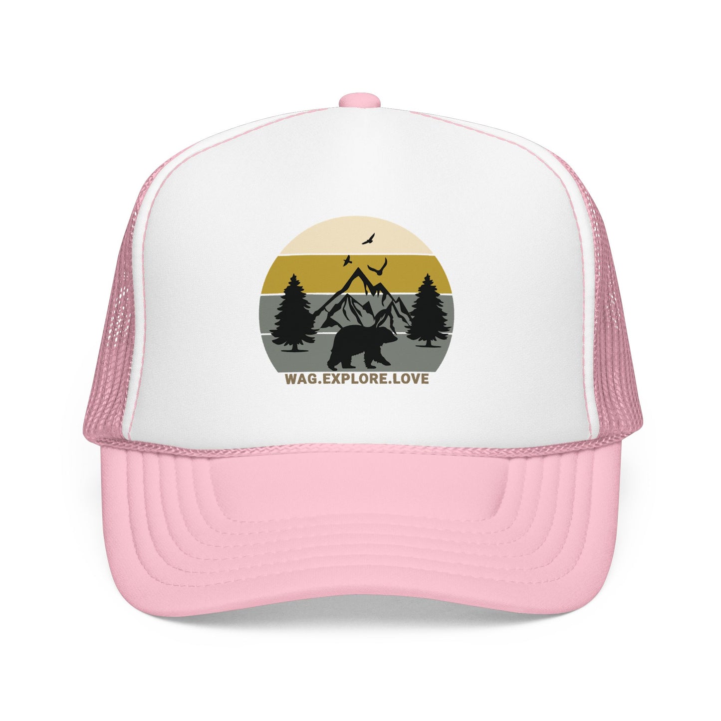Adventure Trucker Hat – 'Wag. Explore. Love.' Vintage Mountain Dog Design
