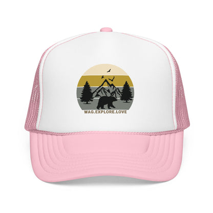 Adventure Trucker Hat – 'Wag. Explore. Love.' Vintage Mountain Dog Design