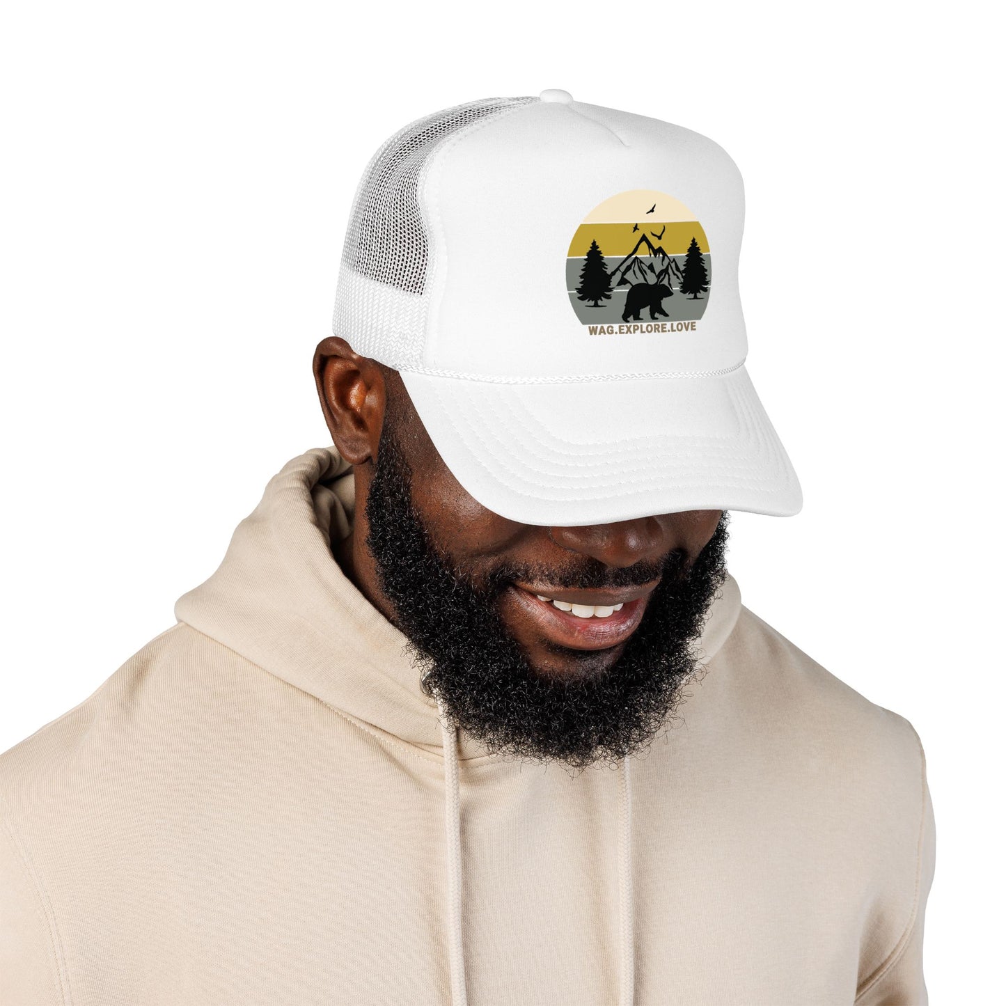 Adventure Trucker Hat – 'Wag. Explore. Love.' Vintage Mountain Dog Design