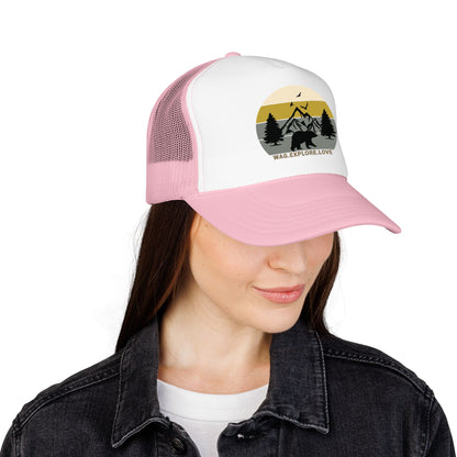 Adventure Trucker Hat – 'Wag. Explore. Love.' Vintage Mountain Dog Design