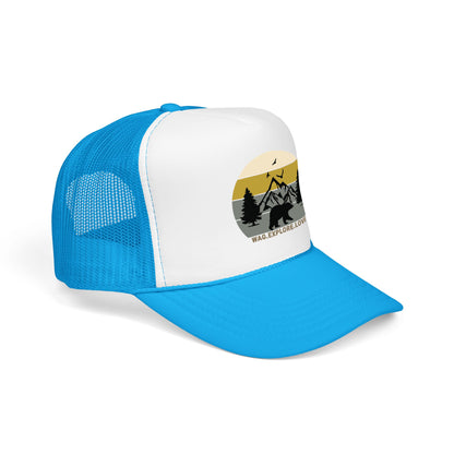 Adventure Trucker Hat – 'Wag. Explore. Love.' Vintage Mountain Dog Design