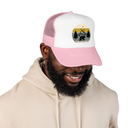 Adventure Trucker Hat – 'Wag. Explore. Love.' Vintage Mountain Dog Design