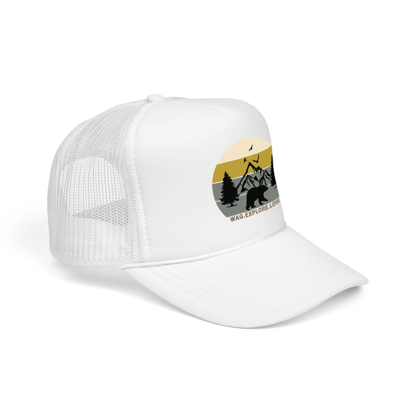Adventure Trucker Hat – 'Wag. Explore. Love.' Vintage Mountain Dog Design