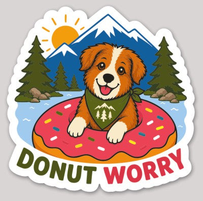 Cartoon Australian Shepherd dog wearing a green bandana floating in a pink donut on a mountain lake with pine trees and the words "Donut Worry."