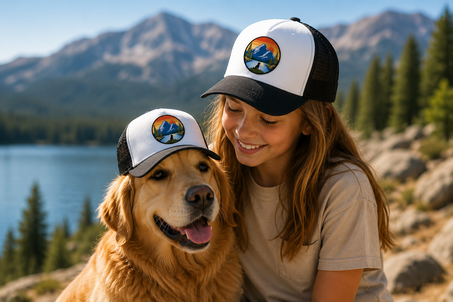 A golden retriever dog and a smiling woman wearing matching white and black trucker hats with a mountain lake landscape in the background.