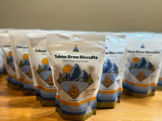Several bags of Tahoe Brew Biscuits on display
