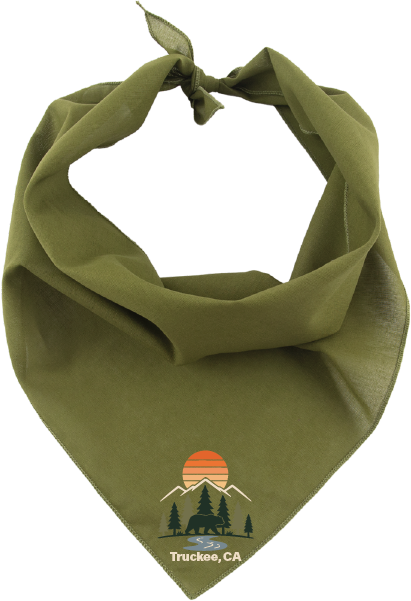 Olive green dog bandana with an image of a sun, a mountain, a bear, and trees with the words "Truckee, CA"
