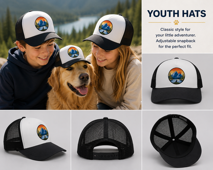 A boy, a girl, and a lab wearing matching mountain style trucker hats